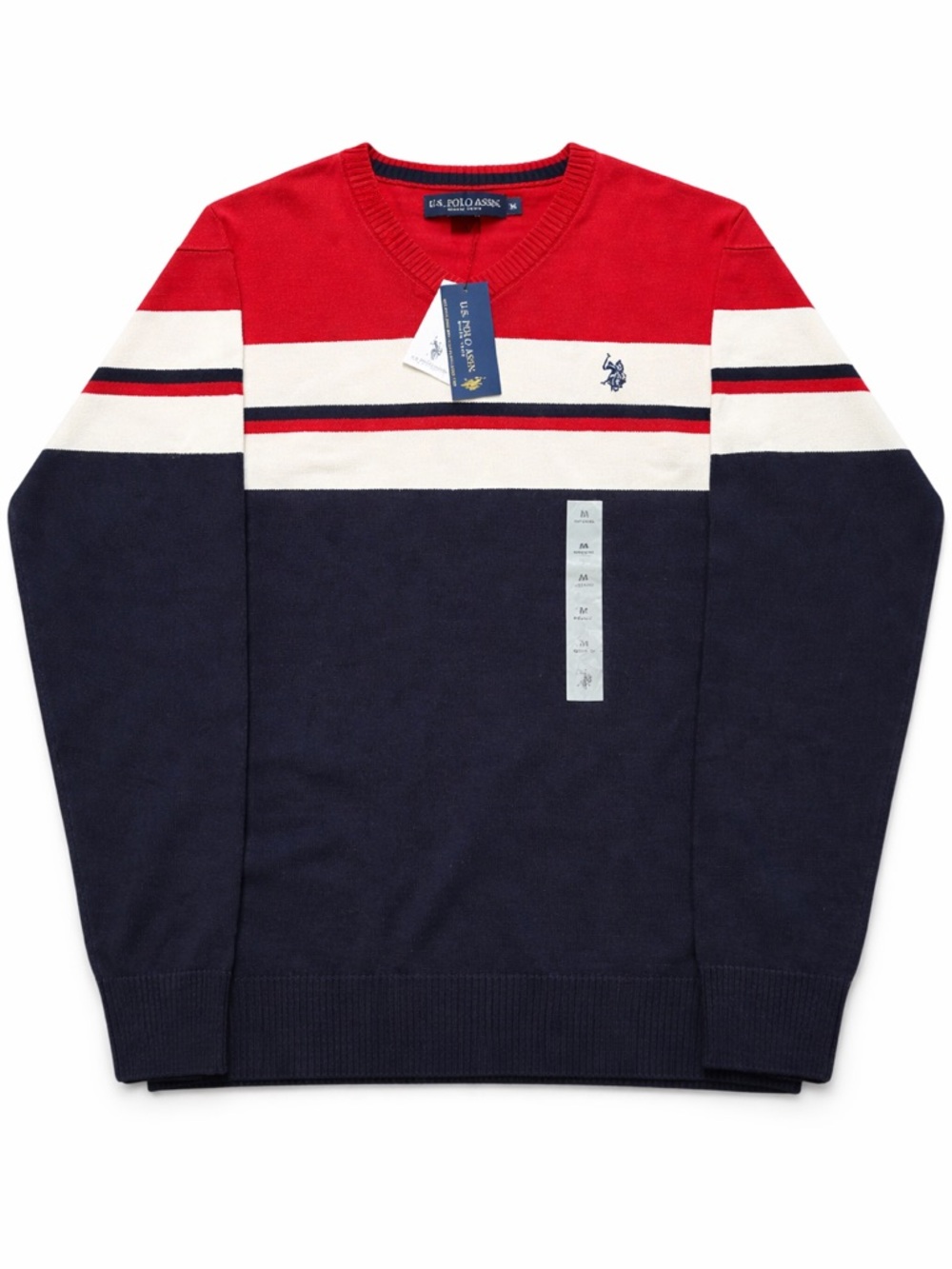U.S. Polo Assn Sweater Mens M NWT Red Navy Colorblock Striped V-Neck Preppy